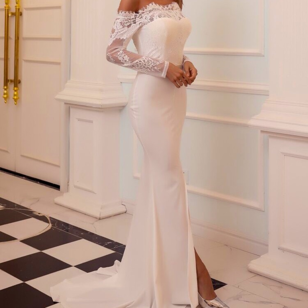 Off the shoulder white lace wedding dress
